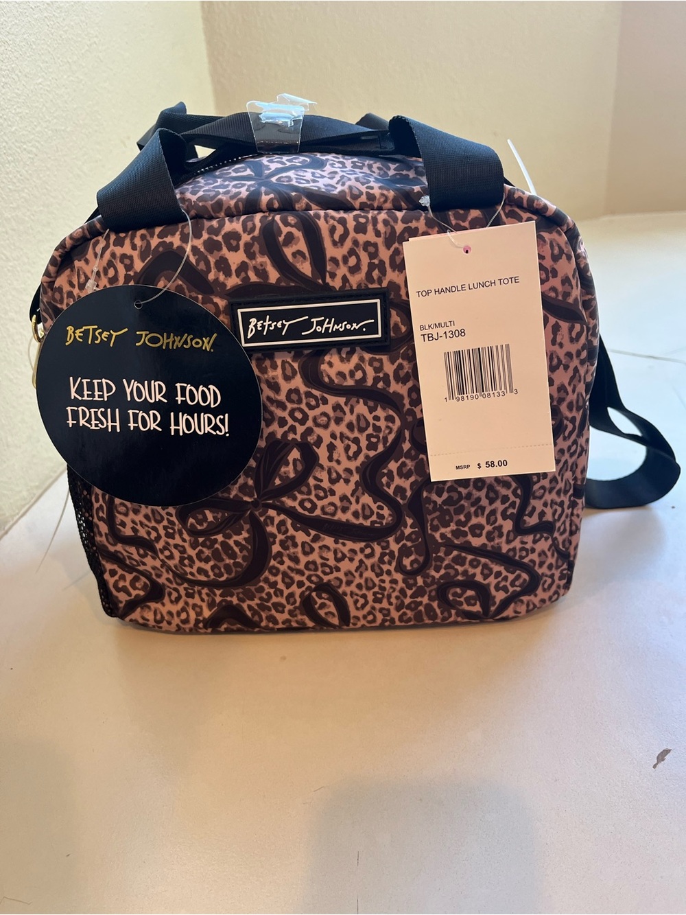 Betsey Johnson Leopard Print and Bows Top-Handle  Insulated Lunch Tote Bag